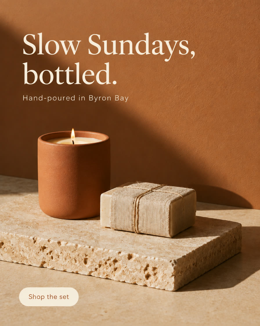 Sample feed ad for a fictional candle brand: a terracotta candle and linen-wrapped soap on travertine with the headline Slow Sundays, bottled