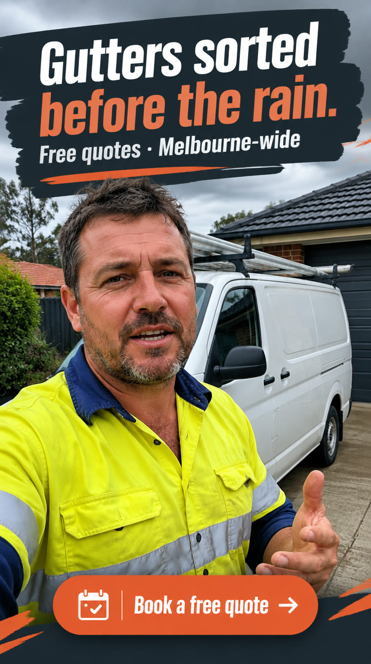 Sample story ad for a fictional gutter business: a tradesman in hi-vis in front of his van with the headline Gutters sorted before the rain