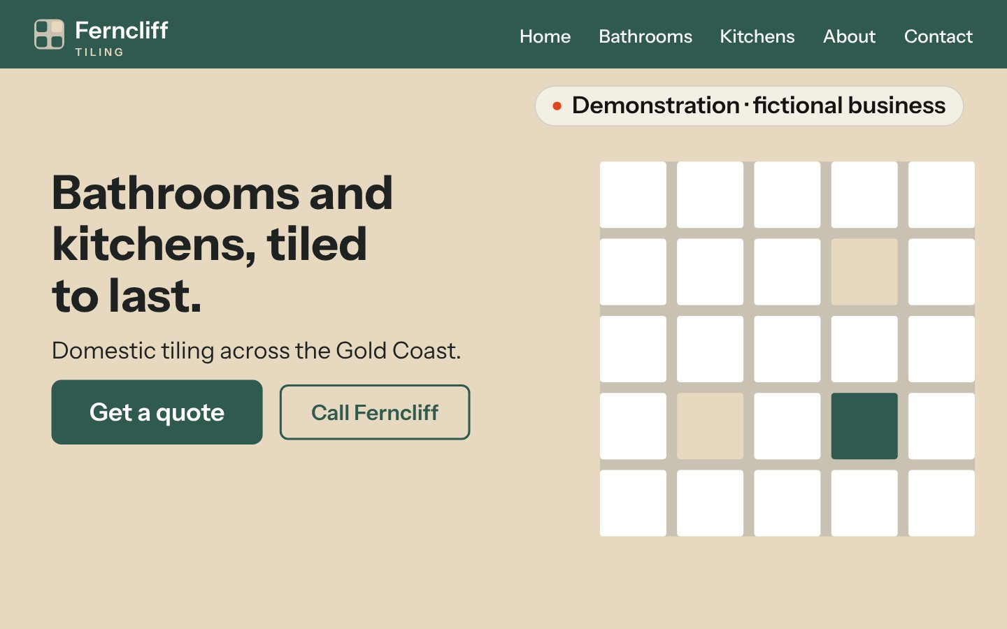 Home page of Ferncliff Tiling, a fictional business from the WeMonetise launch film, labelled as a demonstration