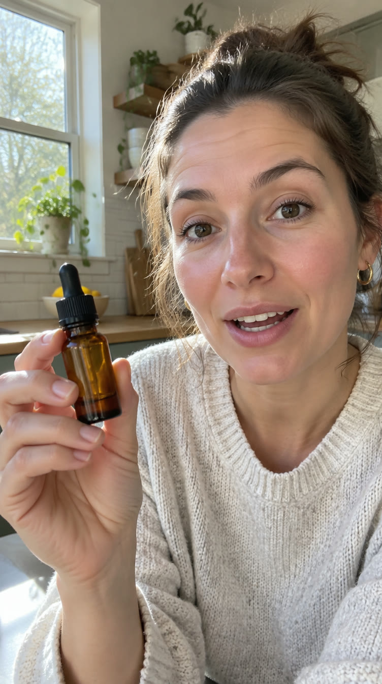 Still from a presenter video ad: an AI presenter holds a skincare bottle to camera in a sunlit kitchen
