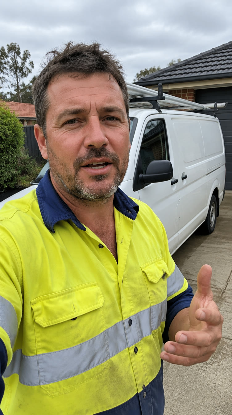 Still from a presenter video: an AI presenter in hi-vis talks to camera in front of a work van